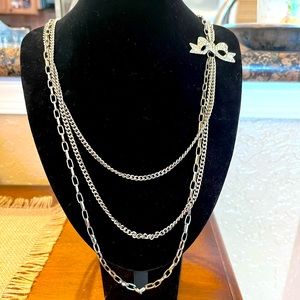 Silver Multi Strand Layered necklace with Beautiful Shiny Silver Bow